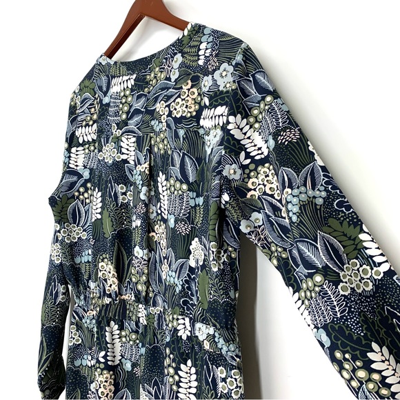 Ann Taylor Dark Floral Leaf Print Button V-Neck Long Sleeve Dress With Pockets - Picture 12 of 16